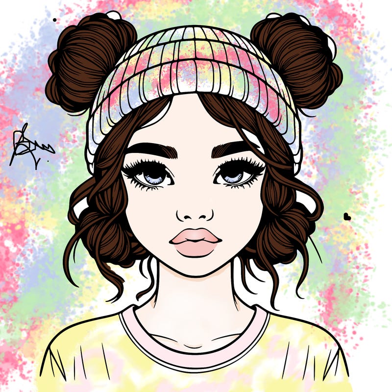 realistic girl with buns in her hair with a beanie on