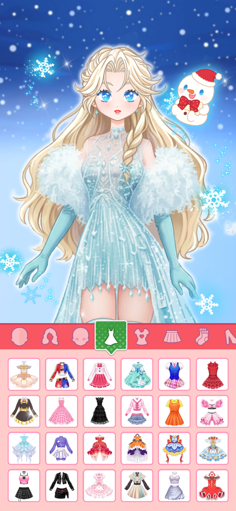 Idol Livestream: Doll Dress Up - Un personnage de poupée anime portant une robe d'hiver bleue avec une garde-robe de vêtements dans l'application Idol Livestream