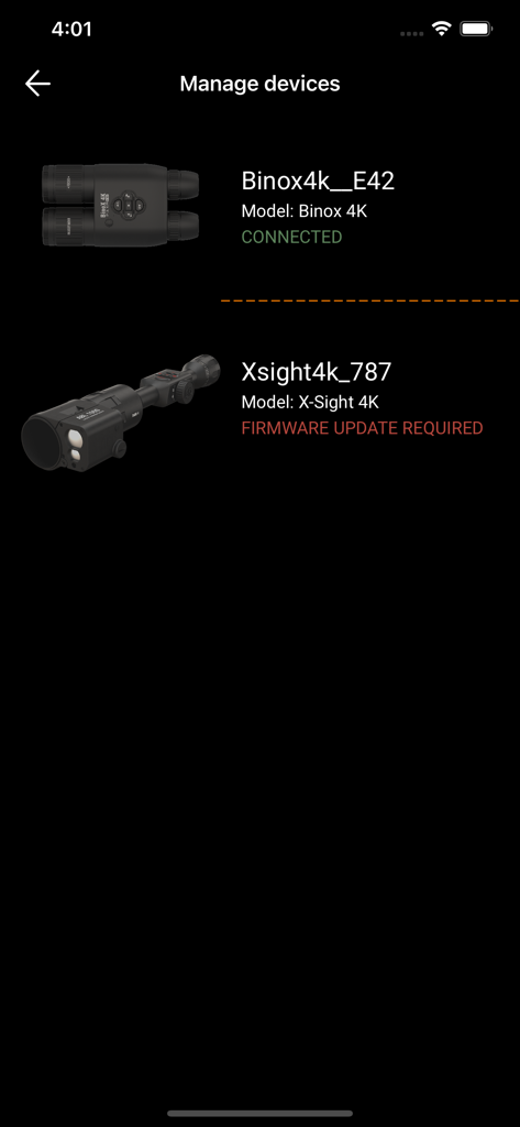 Manage devices screen in the Tactical Map app showing a connected Binox 4K and an X-Sight 4K scope needing an update.