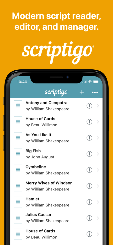 Interfaccia dell'app mobile Scriptigo Pro che mostra un elenco di opere teatrali e sceneggiature nella libreria digitale su un iPhone