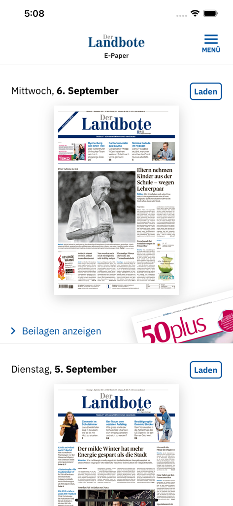 Interface of the Der Landbote E-Paper app showing recent digital newspaper issues for download