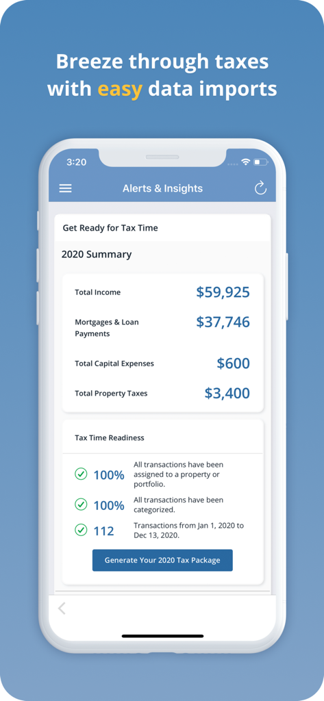 Stessa app interface displaying a financial summary for tax preparation with income and expense totals.