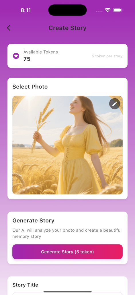 Vetto - Vetto app interface showing photo selection and the generate story button for AI memory creation