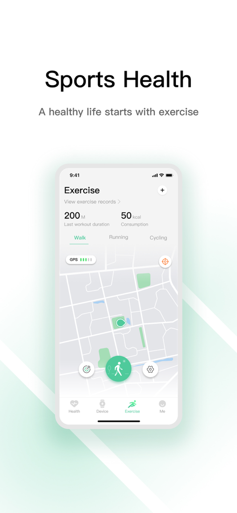 Mgc Fit app interface showing GPS walking exercise tracking with distance and calorie data