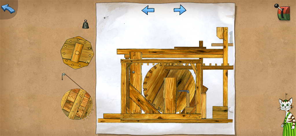 Gameplay de Pettsons Inventions 4 présentant un puzzle de machine en bois et Findus le chat