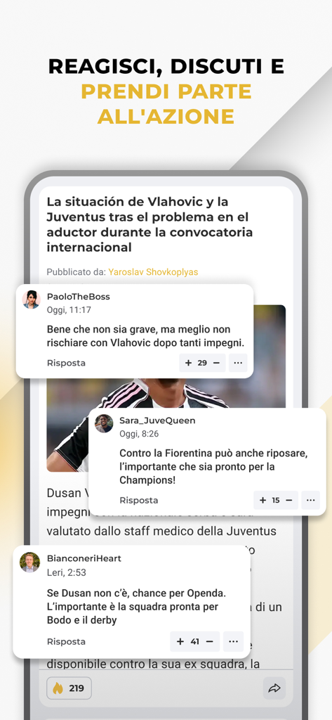 Sección de comentarios y discusión de la comunidad de aficionados de la Juventus en la aplicación Bianconeri Live