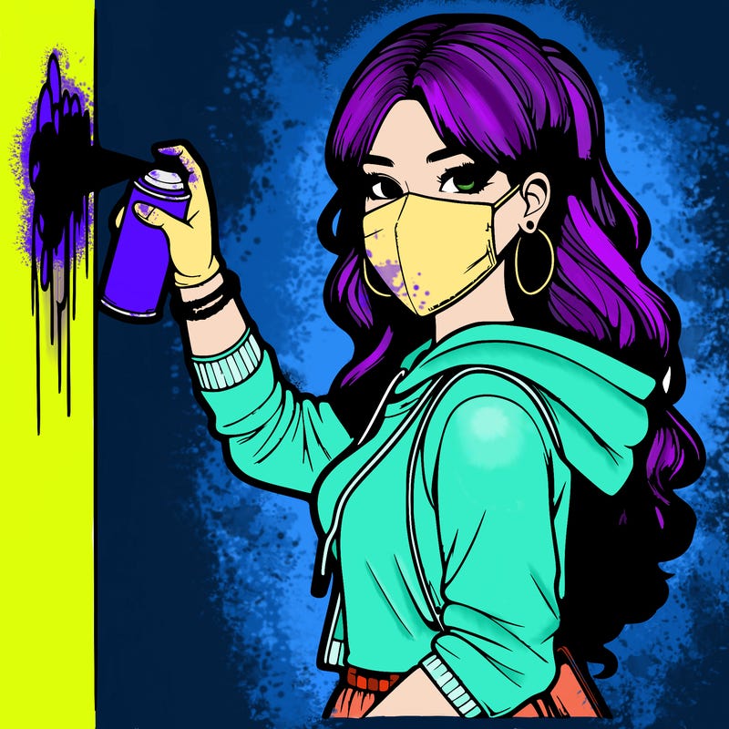 realistic girl with mask spray painting a wall