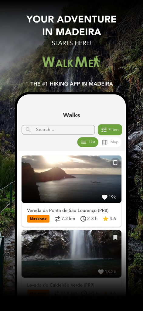 WalkMe | Walking in Madeira - WalkMe app interface showing a list of Madeira hiking trails with difficulty levels and distances.