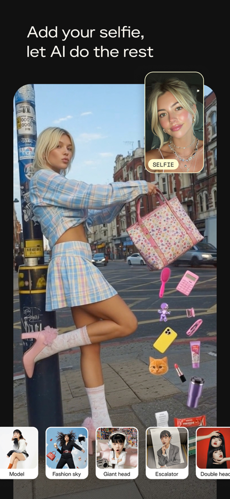 Pika: AI Video & Trend Maker - Interface of the Pika app showing a selfie-to-video AI transformation with various creative templates like Giant Head and Fashion Sky.