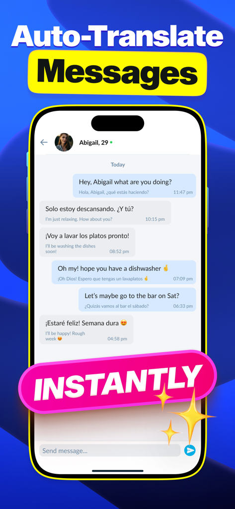 Olive: 1-on-1 Video Chat - Interfaz de la aplicación Olive mostrando mensajes de chat traducidos automáticamente entre inglés y español