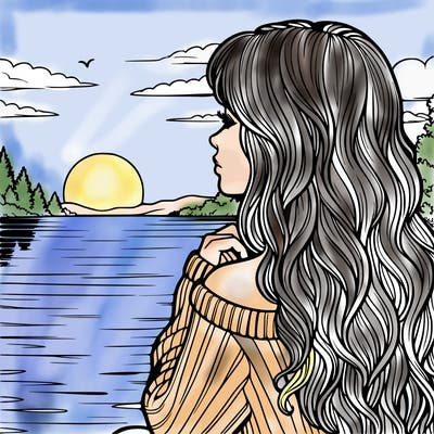realistic girl at a lake watching the sunset