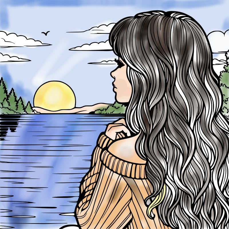 realistic girl at a lake watching the sunset