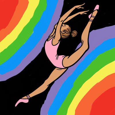 gymnast doing a leap in a leotard with a bent back leg