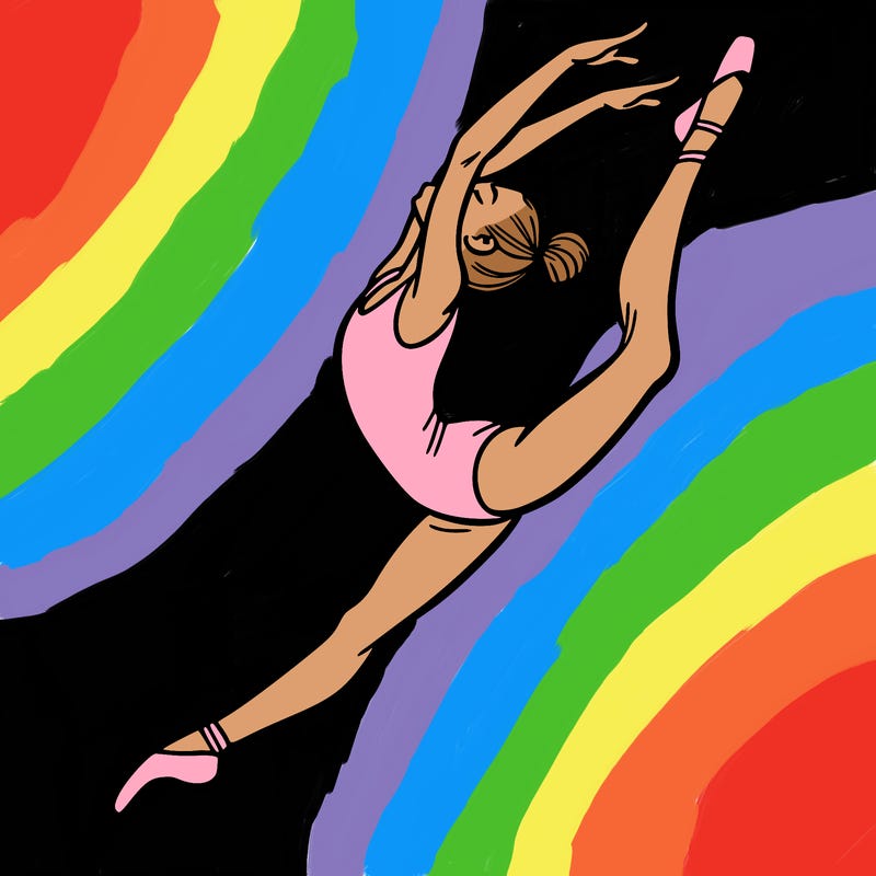 gymnast doing a leap in a leotard with a bent back leg