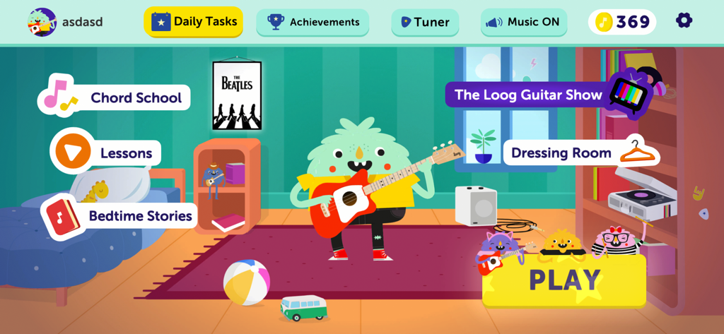 Loog Guitar app main menu with cartoon monster playing guitar and lesson options