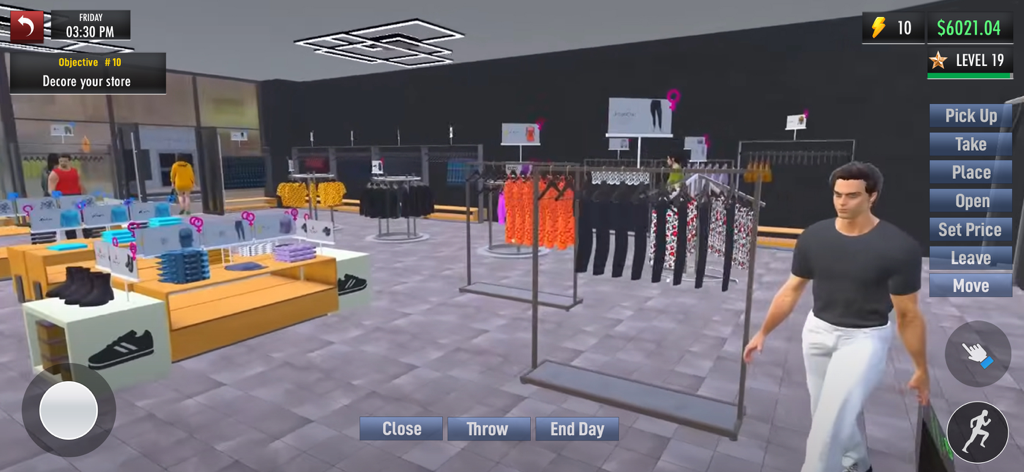 Clothing Store 3D Simulator - A 3D boutique interior with clothing racks and store customization options in the Clothing Store 3D Simulator game.