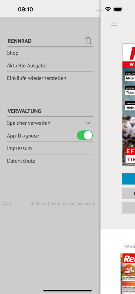 RennRad App Seitennavigationsmenü mit Einstellungen und Magazinbereichen