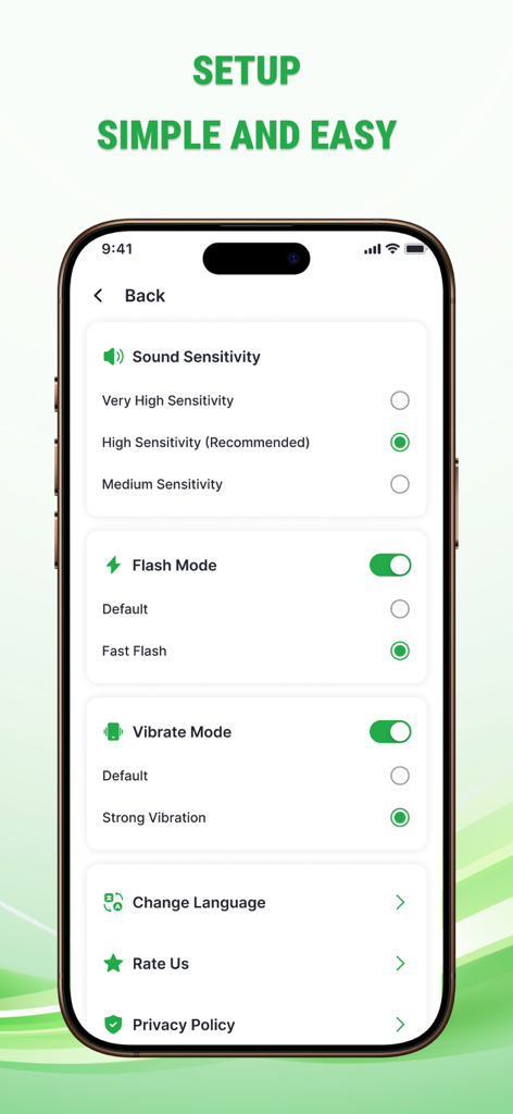 Find Phone By Clap, Whistle - Smartphone screen showing the easy setup menu with sound sensitivity flash mode and vibration settings for the Find Phone By Clap and Whistle app