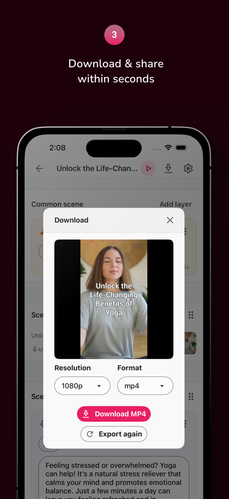 Fliki - AI Video Editor - Fliki AI video editor interface showing options to download and share a generated video