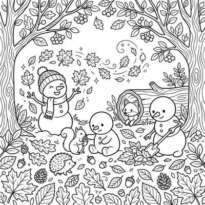 Get ready for a heartwarming autumn scene featuring delightful baby snowmen enjoying the crisp fall air. This charming coloring page is filled with playful moments and woodland friends, perfect for sparking your creativity.