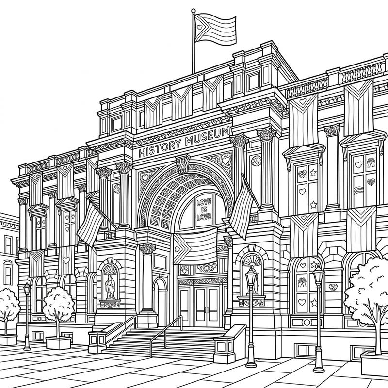 Journey through history and celebrate love with this stunning coloring page featuring a majestic museum decorated for Pride Month. Discover intricate architectural details and symbols of diversity as you bring this vibrant scene to life.