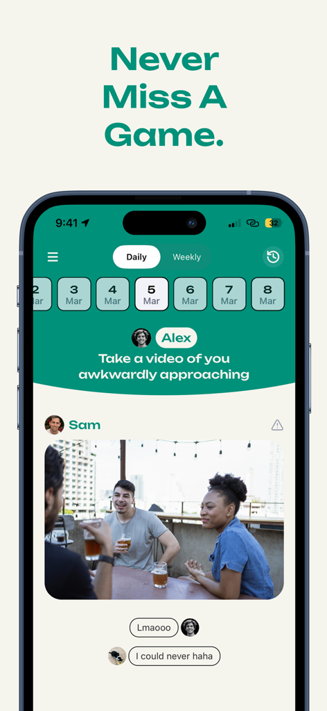 TryMe: Truth Or Dare - Die Benutzeroberfläche der TryMe-App zeigt tägliche Herausforderungen und einen Social-Feed mit Foto-Beweisen von Pflichten