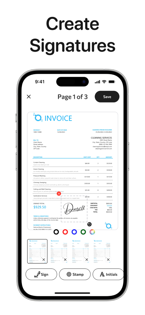 iPhoneで請求書PDFにデジタル署名を作成して追加する方法を示すモバイルアプリインターフェイス