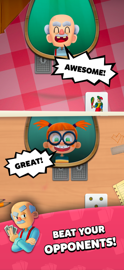 Briscola Dal Negro - Animated characters reacting with speech bubbles in a Briscola Dal Negro card game match with the text Beat Your Opponents.