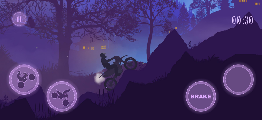 Gravity Trip - Un piloto de moto de cross silueteado atravesando un terreno rocoso en un misterioso bosque nocturno de color púrpura.