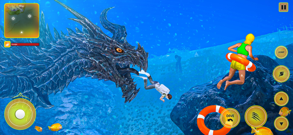 Um dragão marinho gigante atacando um mergulhador e um nadador debaixo d'água em um jogo de simulação