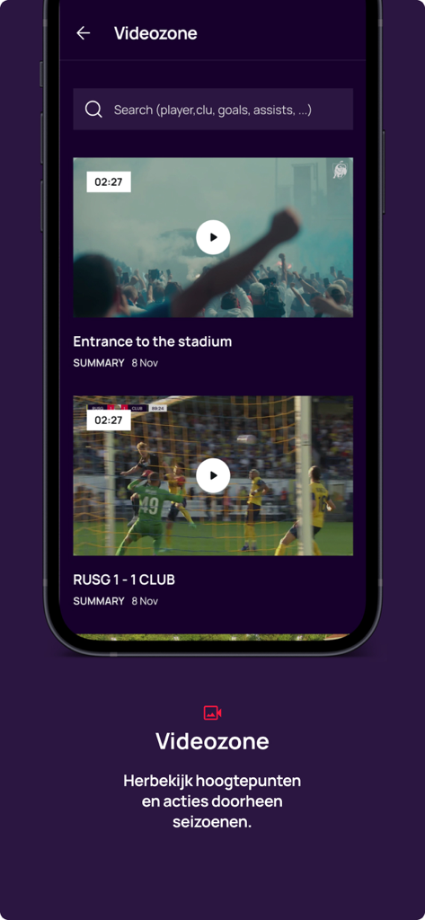 Pro League - The Videozone section of the Pro League app displaying match highlights and soccer videos.