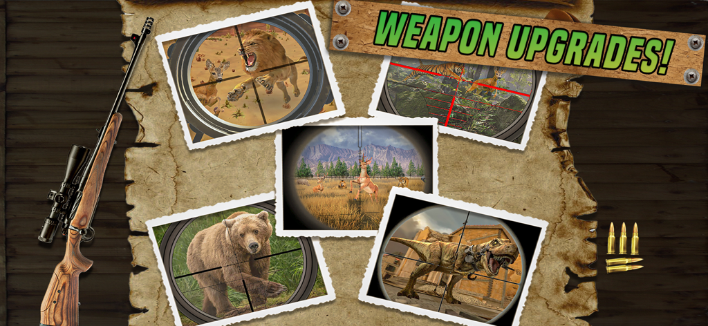 Animal Hunter : Hunting Games - Sniper rifle and scope views of various animals including a lion, deer, bear, and dinosaur under a weapon upgrades banner