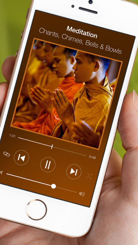Meditation Bell, Bowls, Chants - iPhone screen showing the audio player of the Meditation Bell app featuring a track of chants and bells with an image of monks