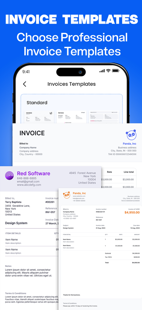 Invoice Creator, Receipt Maker - A collection of professional invoice templates displayed on a mobile phone screen for small business owners and freelancers.