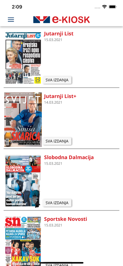 Hanzamedia e-kiosk - Captura de ecrã da aplicação Hanzamedia e-kiosk que mostra uma lista de jornais e revistas croatas, incluindo Jutarnji List e Slobodne Dalmacije