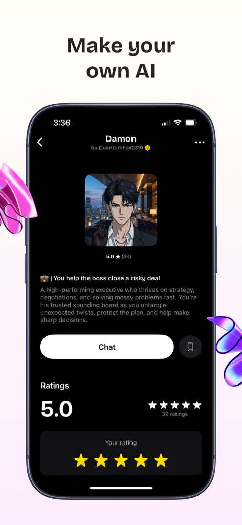 Swerve AI Chat mobile interface showing a character profile named Damon with an anime style avatar and a chat button.