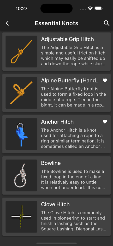 Knots 3D - Liste des nœuds essentiels dans l'application Nœuds 3D avec le nœud de chaise et le nœud de cabestan avec des descriptions