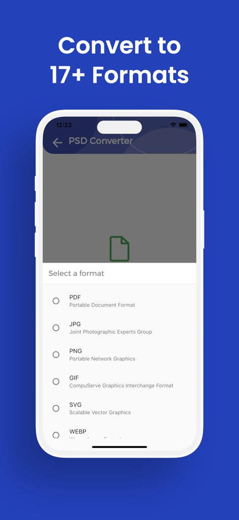 PSD Converter, PSD to PNG - Interface do aplicativo Conversor de PSD mostrando várias opções de formato de saída como PDF JPG PNG e SVG