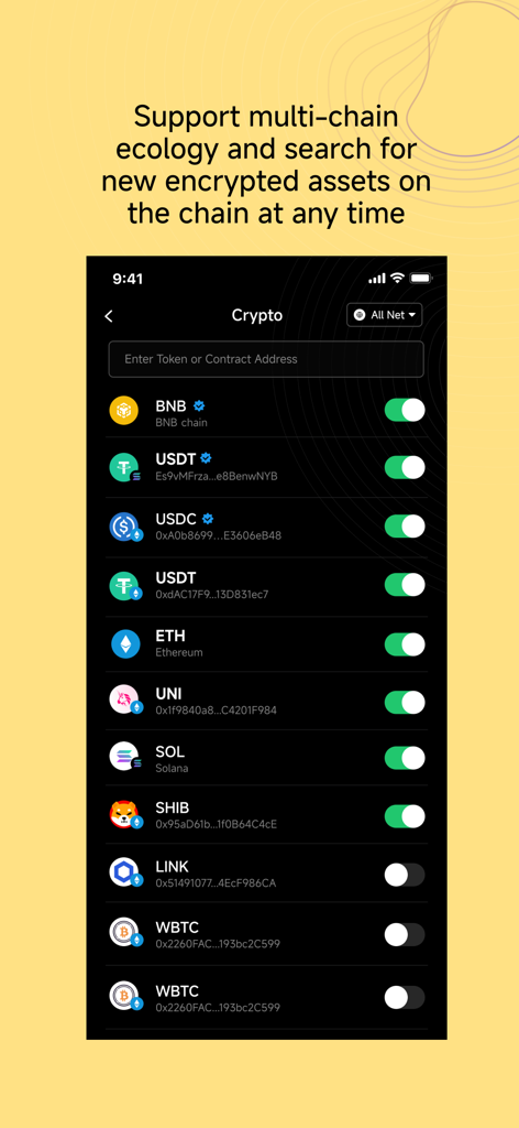 BSC Wallet: Web3 BNB chain - Ein mobiler Bildschirm der BSC Wallet App, der eine Liste unterstützter Krypto-Assets über mehrere Ketten hinweg mit Umschaltflächen anzeigt.