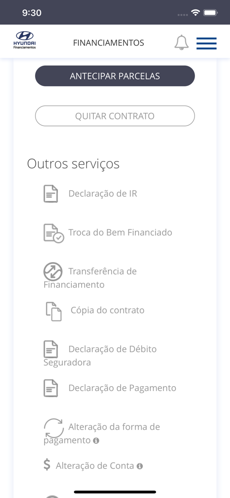 Hyundai Financiamentos - Interface móvel do aplicativo Hyundai Financiamentos mostrando gerenciamento de empréstimos de carro e serviços de contrato