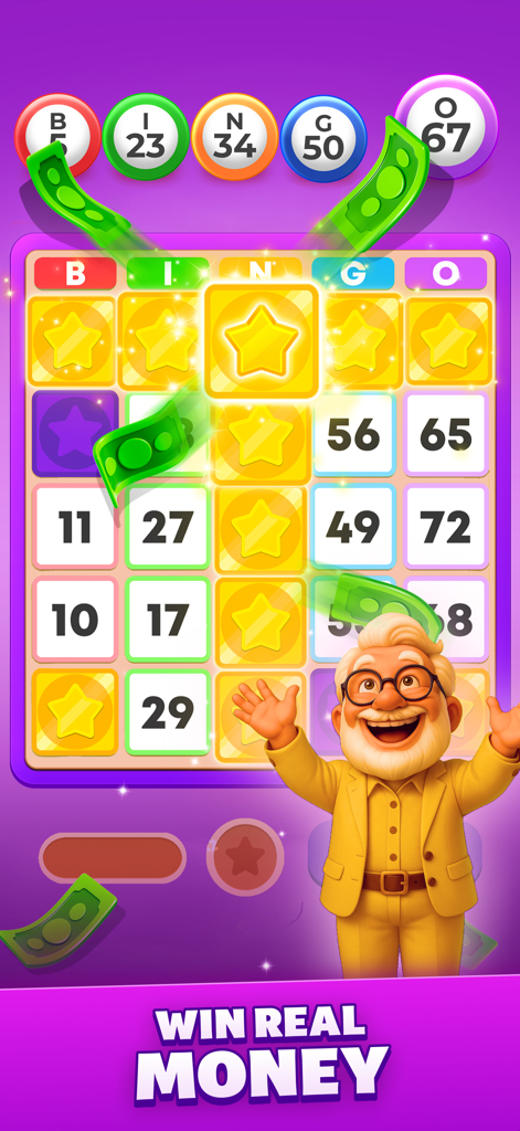 Bingo - Win Cash - A mobile bingo game interface showing a winning card with stars and falling cash with the text win real money