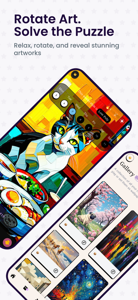 Interfaz del juego de rompecabezas de arte Mosaic con un gato colorido y galería