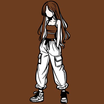 girl in baggy pants crop top and long hair