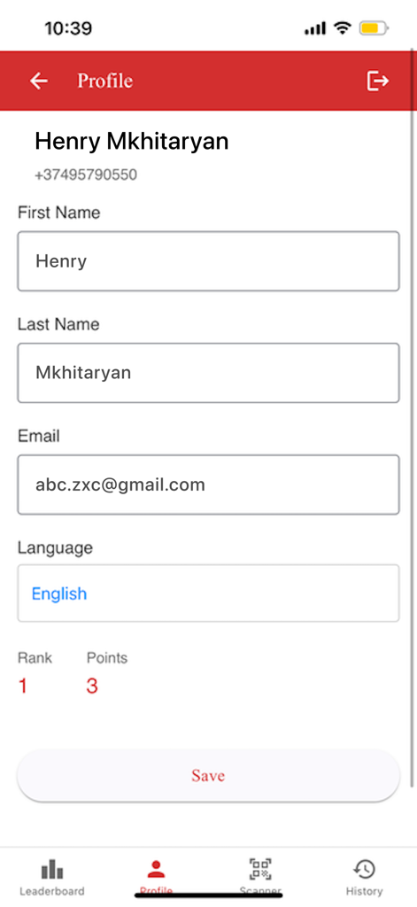 Martin App user profile screen displaying account details, points, and rank.