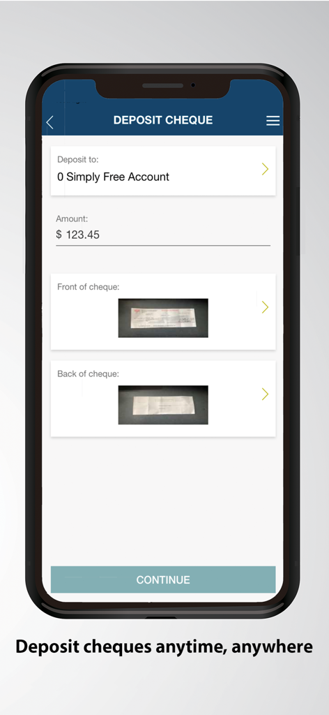 Island Savings Mobile Banking - A smartphone displaying the Island Savings mobile banking app interface for depositing a cheque by taking photos of its front and back.