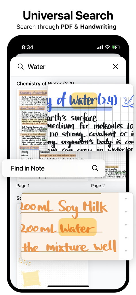 Element Note - Element Note app interface showing universal search results highlighting the word Water in handwritten notes and PDF documents