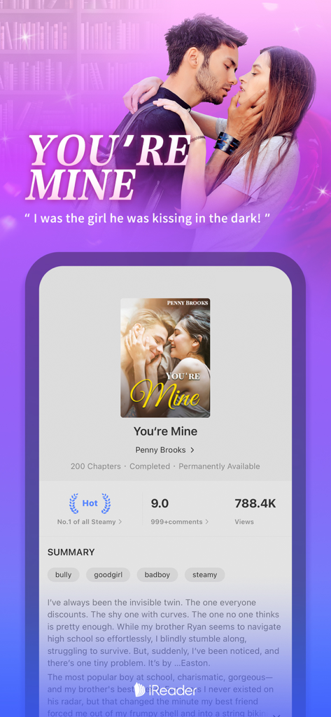 iReader app screen displaying the details of a romance novel titled Youre Mine by Penny Brooks.