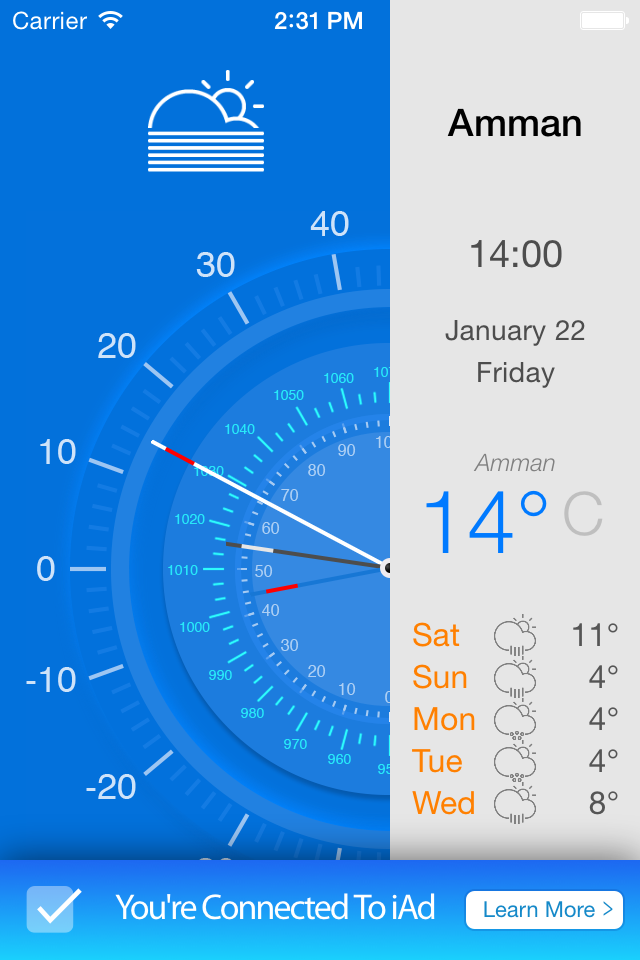 Interfaccia dell'app meteo che mostra 14 gradi Celsius e previsioni a 5 giorni per Amman