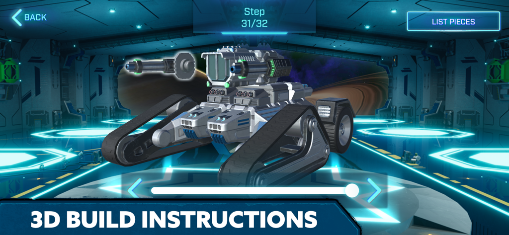 A step-by-step 3D building instruction interface for a futuristic sci-fi vehicle in the Snap Ships app.