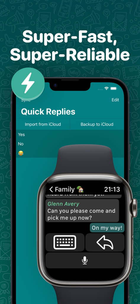 iPhone上のクイック返信設定とApple Watch上のメッセージ返信インターフェイスを表示するWatchChat 2アプリ